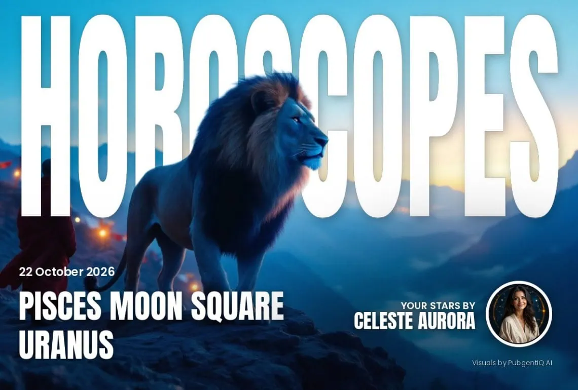 Horoscopes 22 October magazine cover, Pisces Moon Square Uranus, with Celeste Aurora's by-line.