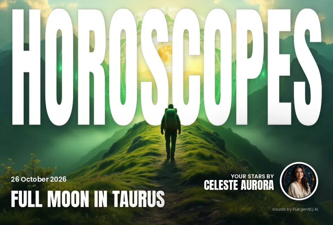 Horoscopes 26 October magazine cover, Full Moon in Taurus, with Celeste Aurora's by-line.
