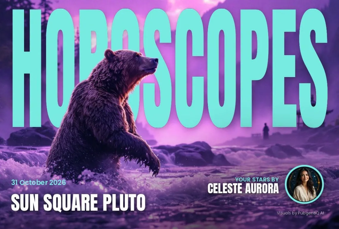 Horoscopes 31 October magazine cover, Sun Square Pluto, with Celeste Aurora's by-line.