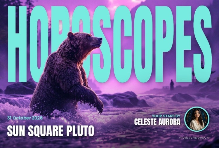 Horoscopes 31 October magazine cover, Sun Square Pluto, with Celeste Aurora's by-line.
