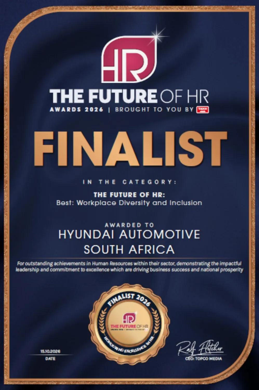 Hyundai Future of HR Awards 2026 finalist certificate - Saffarazzi Hyundai Future of HR Awards 2026 finalist certificate