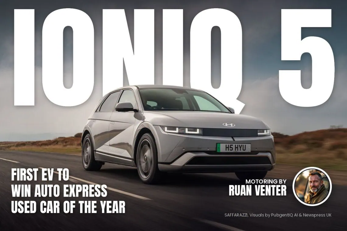 Ioniq 5 magazine cover: First EV to win Auto Express Used Car of the Year, with the writer's by-line.