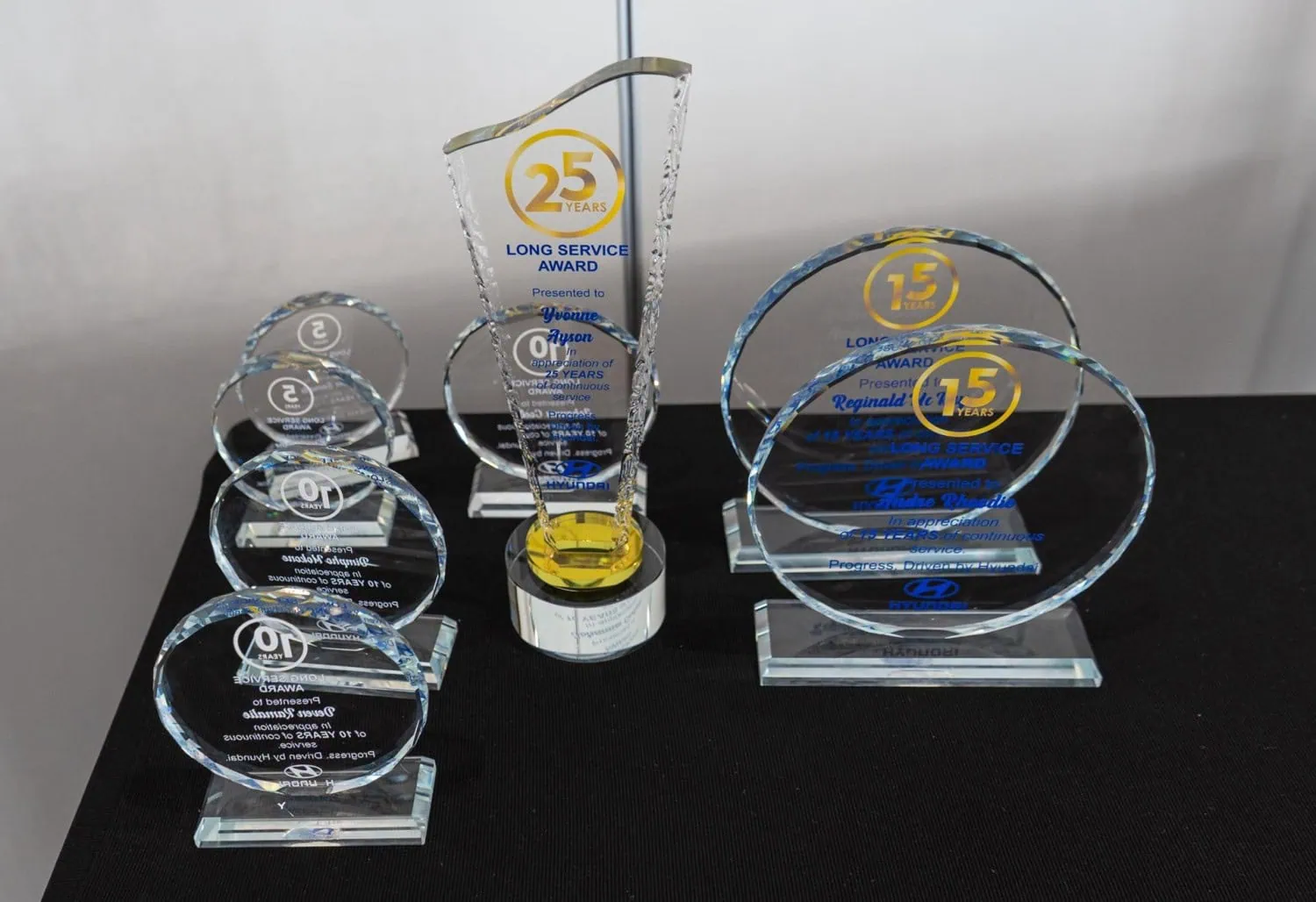 Long service trophies - Saffarazzi Hyundai long service award trophies on display table.