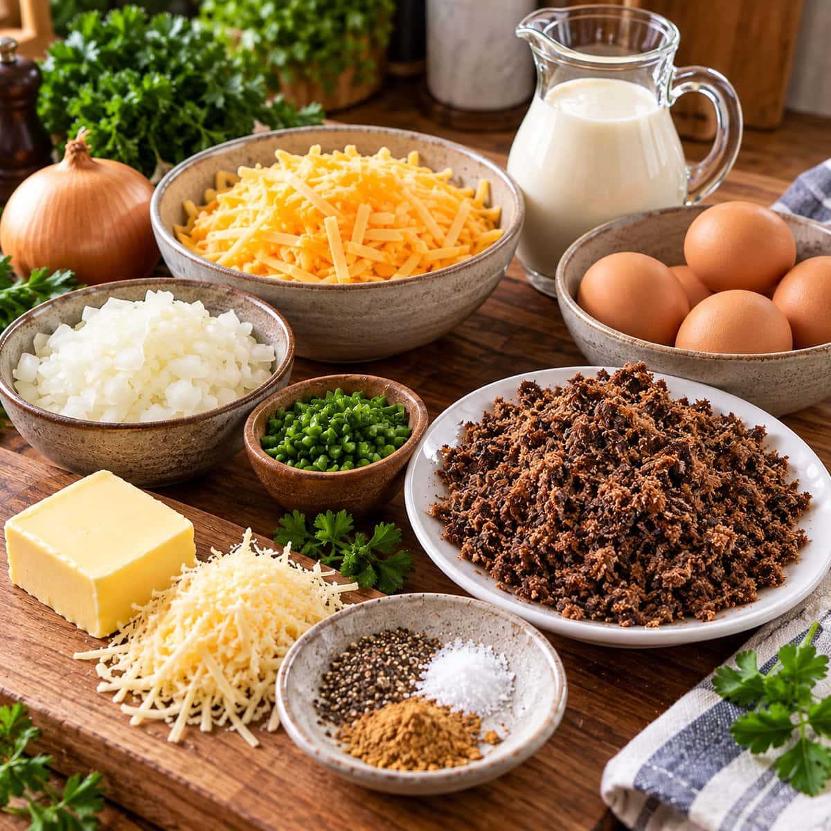 Ingredients for Crustless Biltong and Cheese Tart – Easy South African Bake