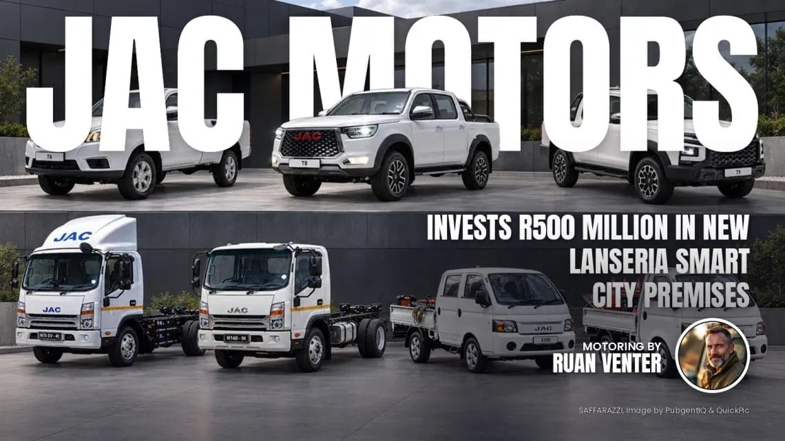 JAC bakkie and truck line-up outside modern building