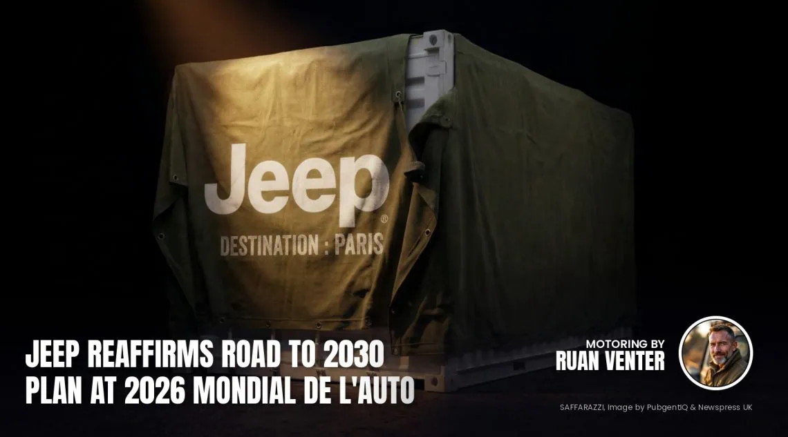 Jeep tarp-covered shipping container marked Destination Paris - Saffarazzi Jeep tarp-covered shipping container marked Destination Paris