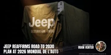 Jeep tarp-covered shipping container marked Destination Paris - Saffarazzi Jeep tarp-covered shipping container marked Destination Paris