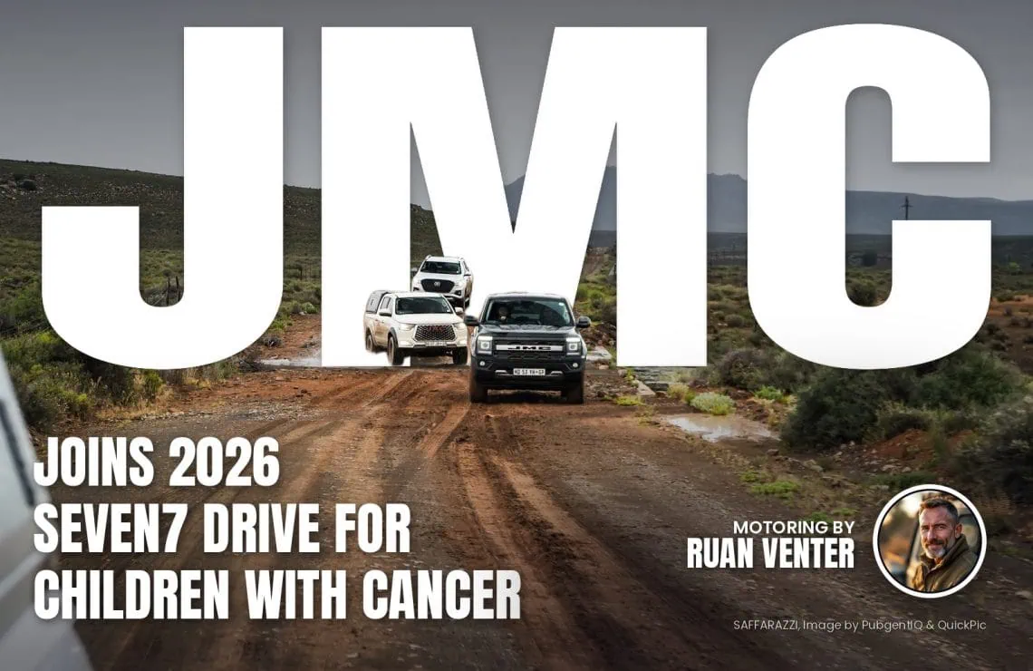 JMC bakkies driving a muddy gravel road on the Seven7 Drive