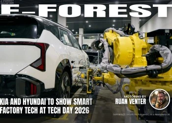 E-FOREST magazine cover: Kia and Hyundai to show smart factory tech at TECH DAY 2026, with the writer's by-line.
