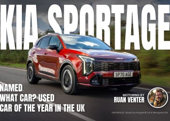 Kia Sportage magazine cover: Named What Car? Used Car of the Year in the UK, with the writer's by-line.