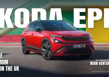 Škoda Epiq SportLine front three-quarter view in red