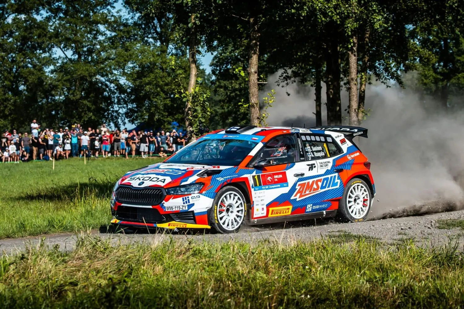Škoda Fabia RS Rally2 in AMSOIL livery on gravel - Saffarazzi Škoda Fabia RS Rally2 in AMSOIL livery on gravel