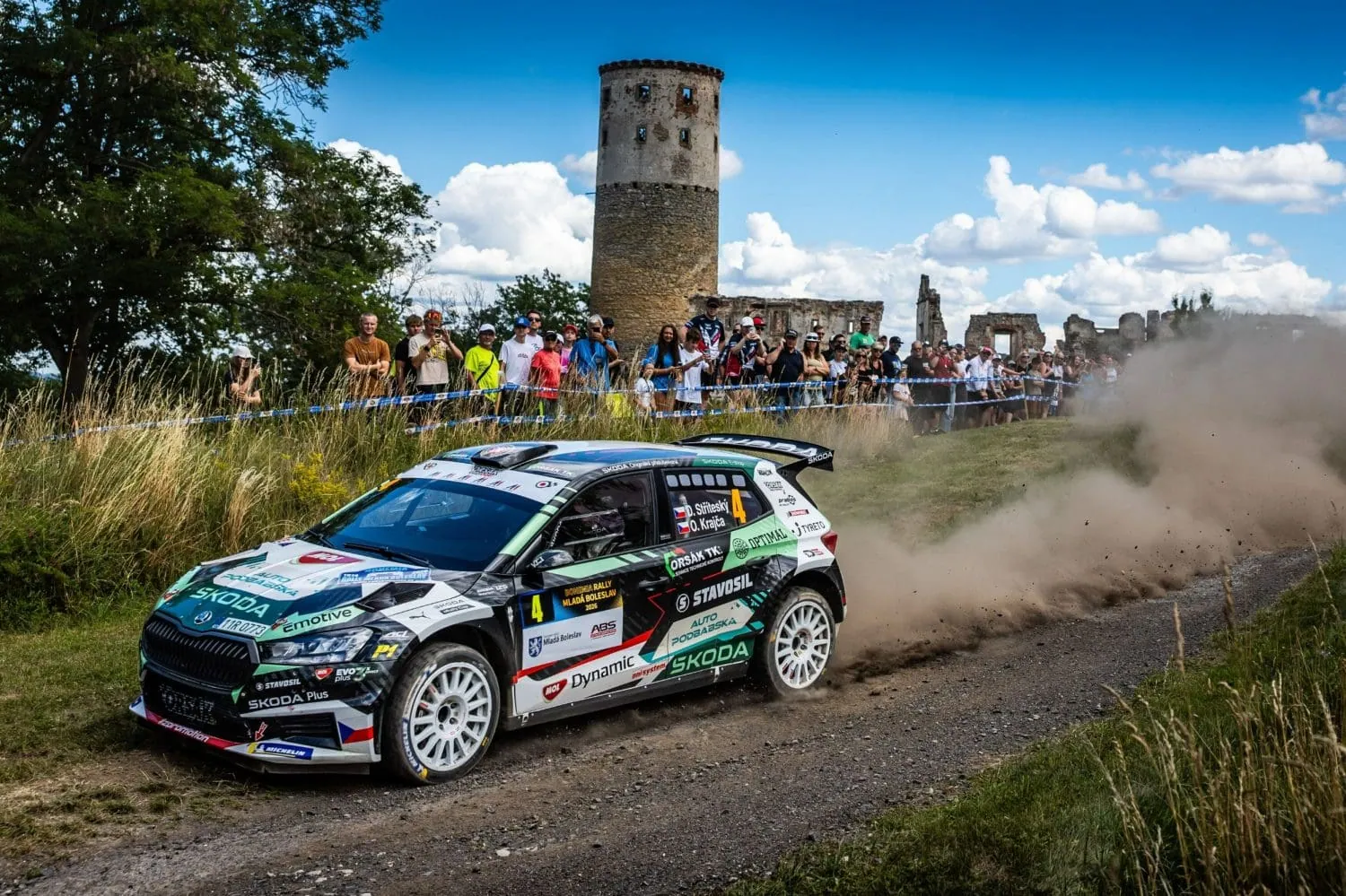 Škoda Fabia RS Rally2 passing a castle tower - Saffarazzi Škoda Fabia RS Rally2 passing a castle tower