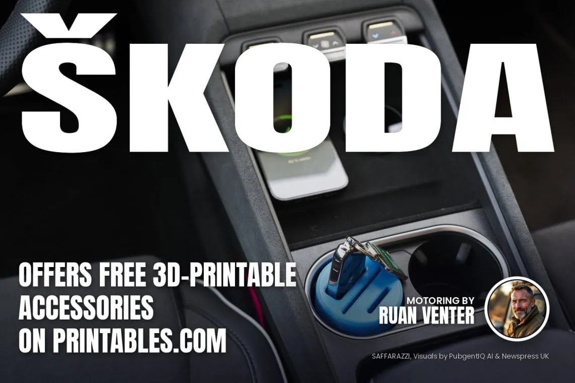 UK Motoring: Škoda offers free 3D-printable accessories - Saffarazzi Škoda magazine cover: Offers free 3D-printable accessories on Printables.com, with the writer's by-line.
