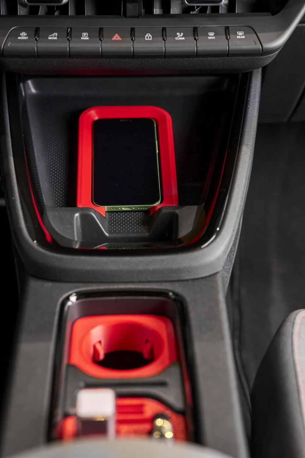 Red phone frame insert - Saffarazzi Škoda red 3D-printed phone frame and cup insert.