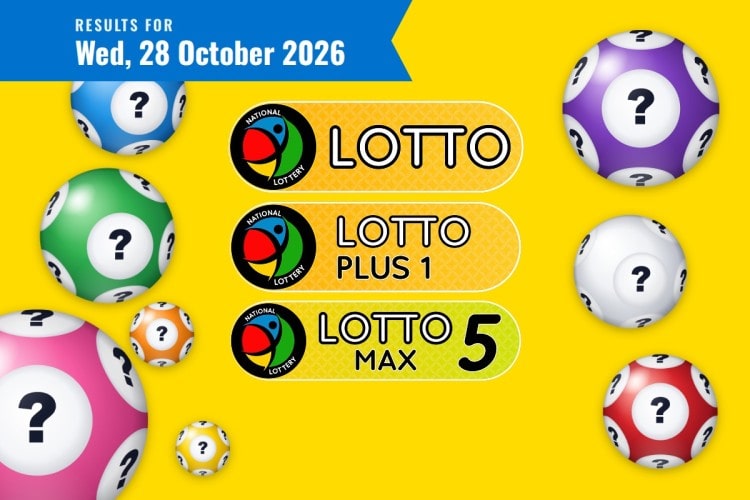 Lotto results card for Wednesday 28 October 2026, with the Lotto, Lotto Plus 1 and Lotto 5 Max logo and date ribbon.