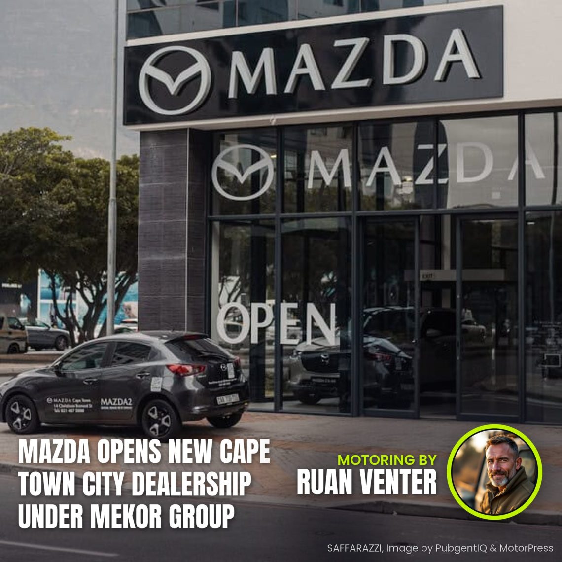 Mazda Cape Town City dealership exterior with Mazda2 parked - Saffarazzi Mazda Cape Town City dealership exterior with Mazda2 parked