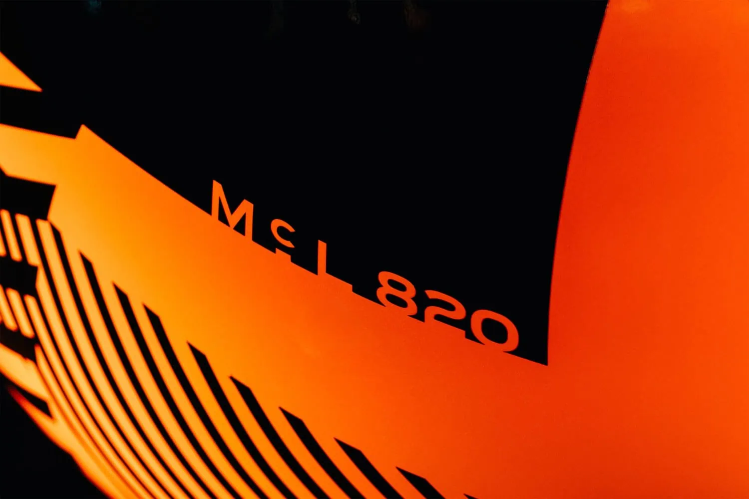 McL 820 name detail - Saffarazzi McL 820 lettering on McLaren kiwi sculpture.