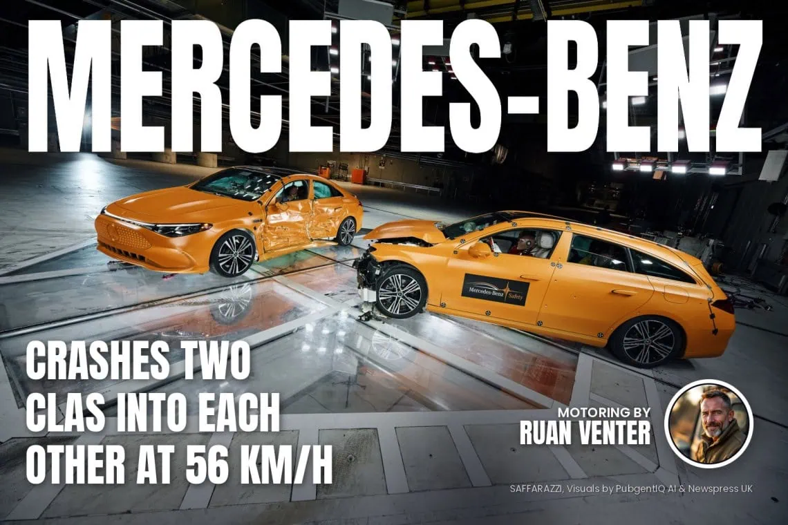 MERCEDES-BENZ magazine cover: Crashes two CLAs into each other at 56 km/h, with the writer's by-line.