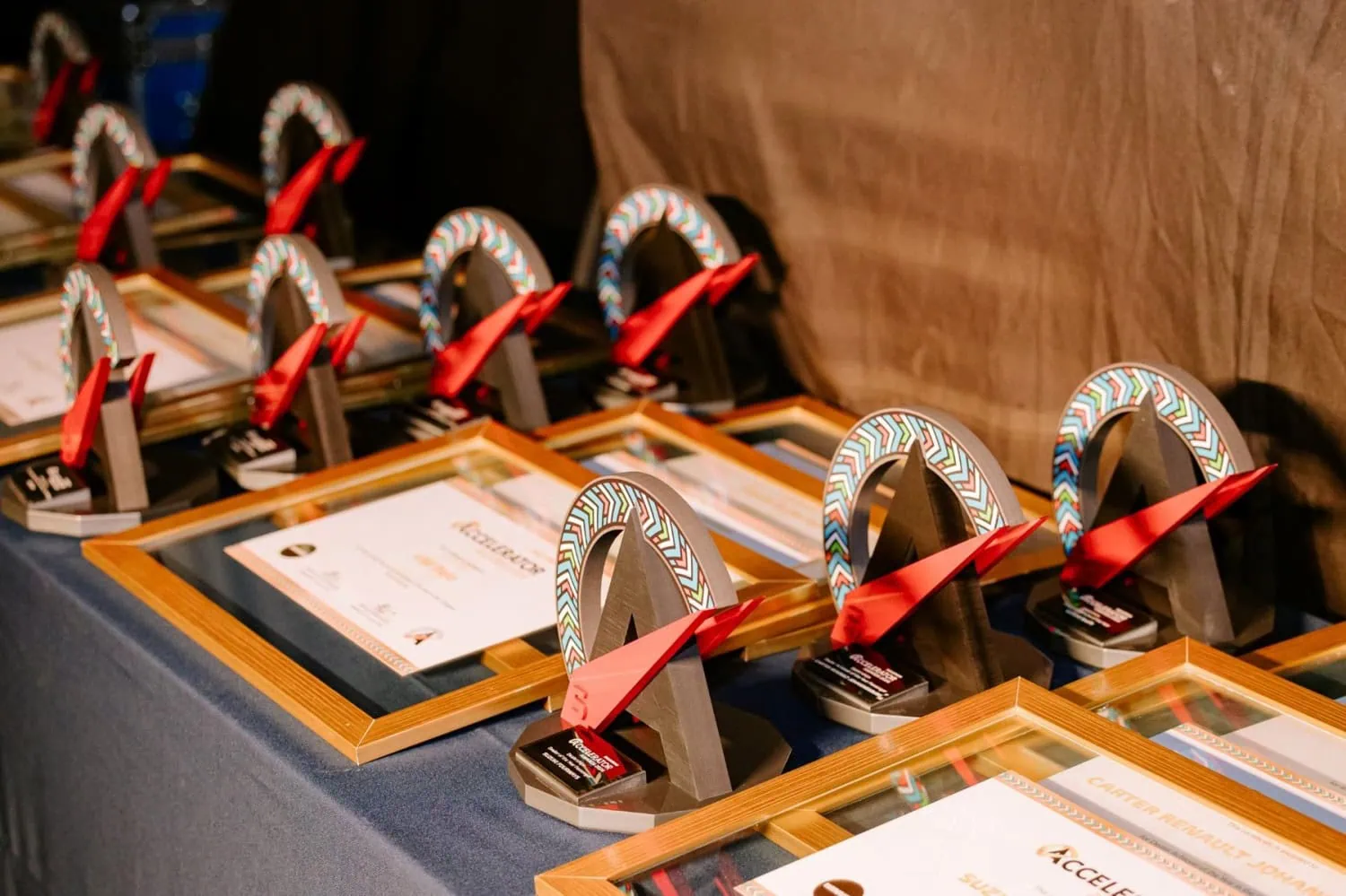 Accelerator Awards trophies on table - Saffarazzi NAAMSA Accelerator Awards trophies and framed certificates on display.