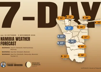 Namibia 7-day weather forecast map, 30 October - Saffarazzi Namibia 7-day weather forecast map for 30 October - 5 November 2026 with the week's highs and lows for every region.