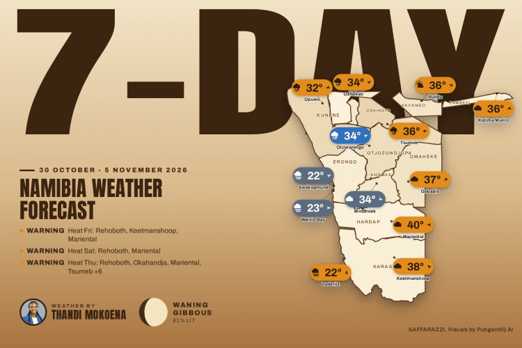 Namibia 7-day weather forecast map for 30 October - 5 November 2026 with the week's highs and lows for every region.