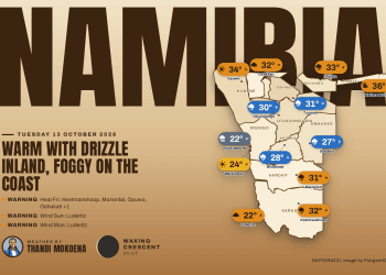 Namibia weather map, Tuesday 13 October 2026