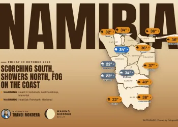 Namibia weather map, Friday 30 October 2026 - Saffarazzi Namibia weather map for Friday 30 October 2026 with today's highs and lows for Windhoek, Swakopmund and the main towns.