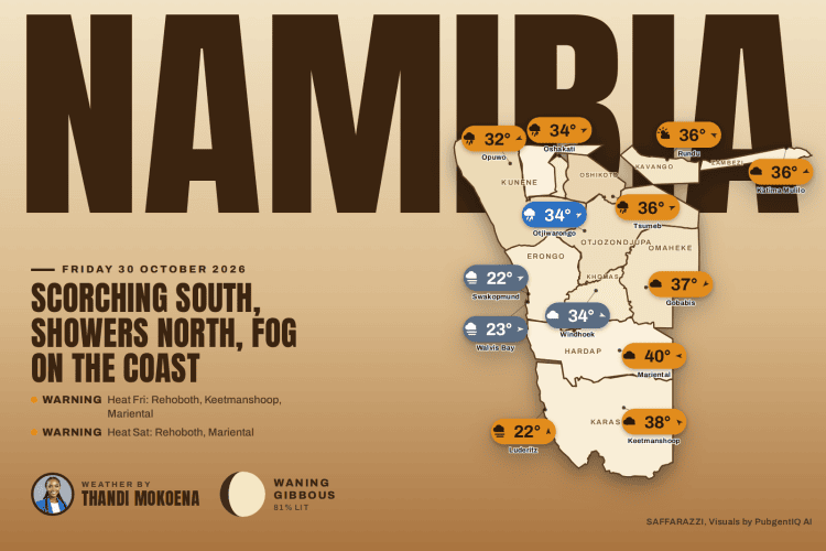 Namibia weather map for Friday 30 October 2026 with today's highs and lows for Windhoek, Swakopmund and the main towns.