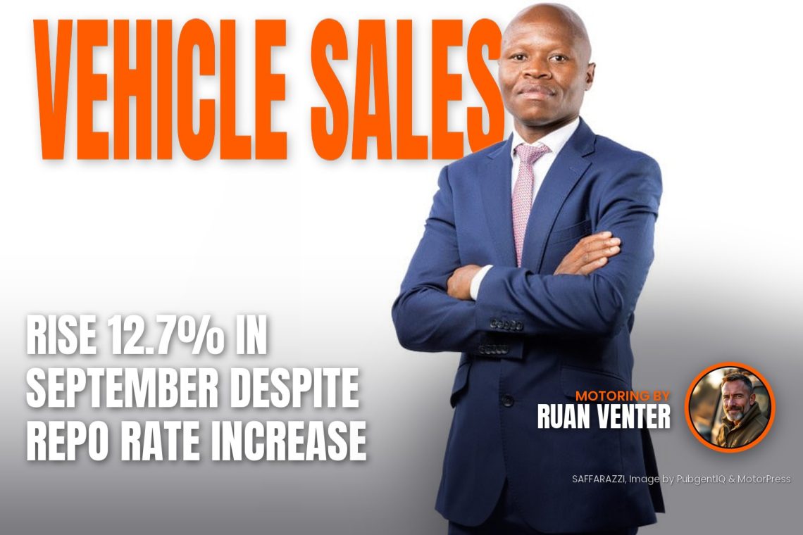 WesBank executive portrait in navy suit - Saffarazzi Promotional banner with bold orange 'VEHICLE SALES' text, a suited man with arms crossed, and a headline about a 12.7% rise in September despite a repo-rate increase; circular portrait inset in bottom right.