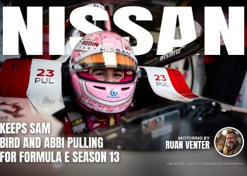 Nissan magazine cover: Keeps Sam Bird and Abbi Pulling for Formula E Season 13, with the writer's by-line.