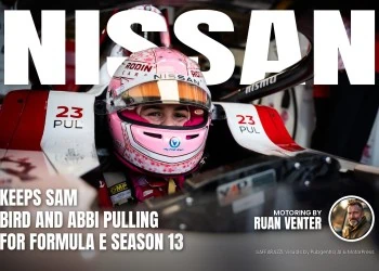 Nissan magazine cover: Keeps Sam Bird and Abbi Pulling for Formula E Season 13, with the writer's by-line.