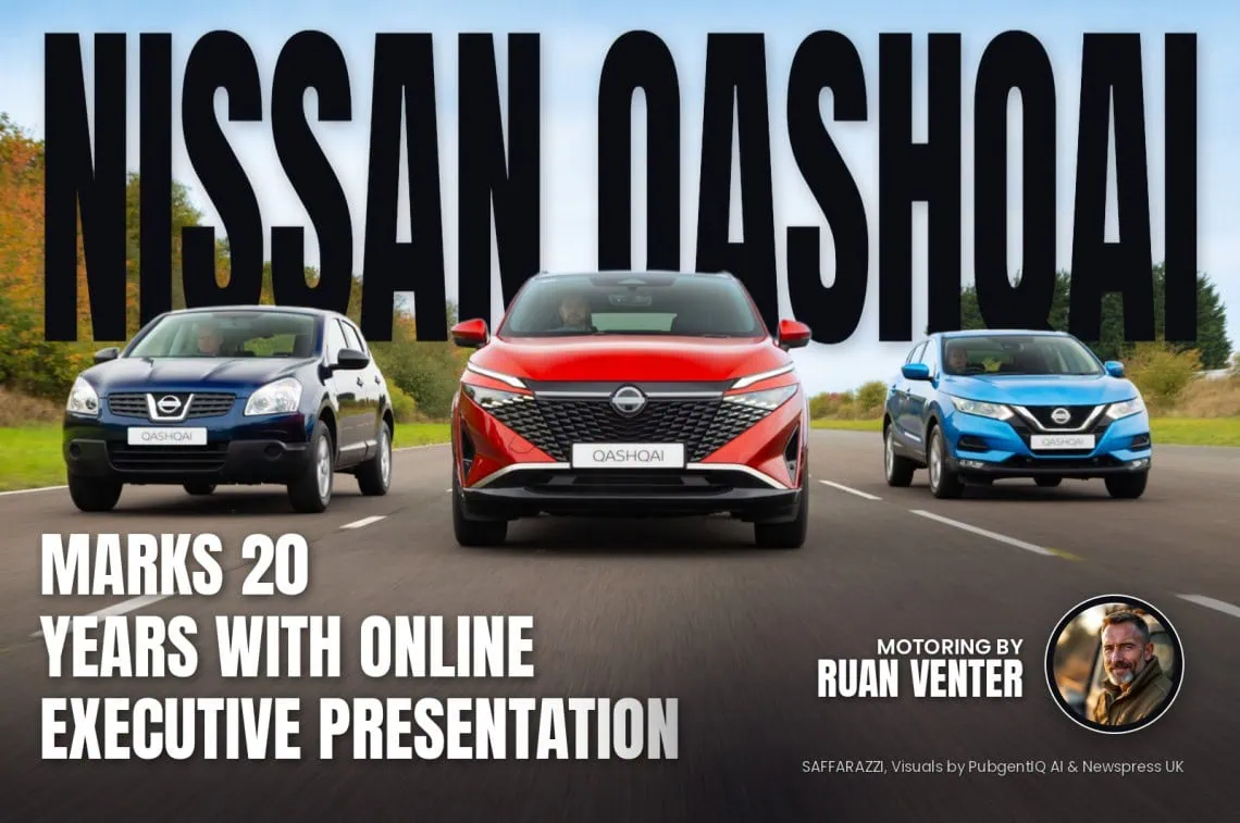 Nissan Qashqai magazine cover: Marks 20 years with online executive presentation, with the writer's by-line.