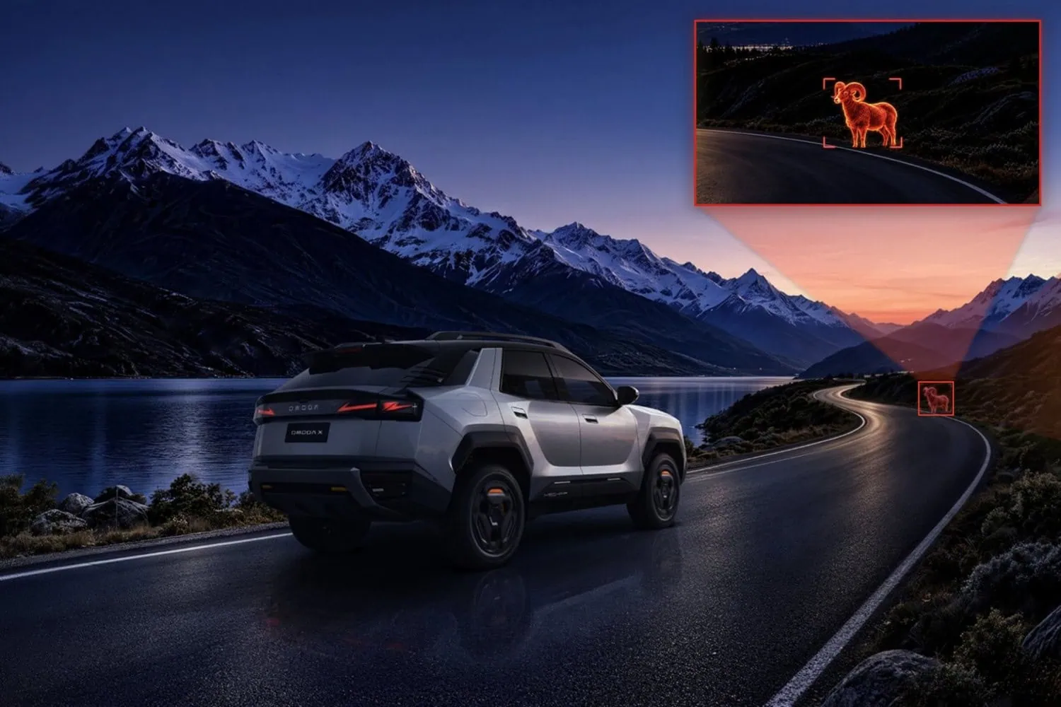 OMODA X on lakeside road - Saffarazzi OMODA X concept SUV detecting wildlife on mountain road.