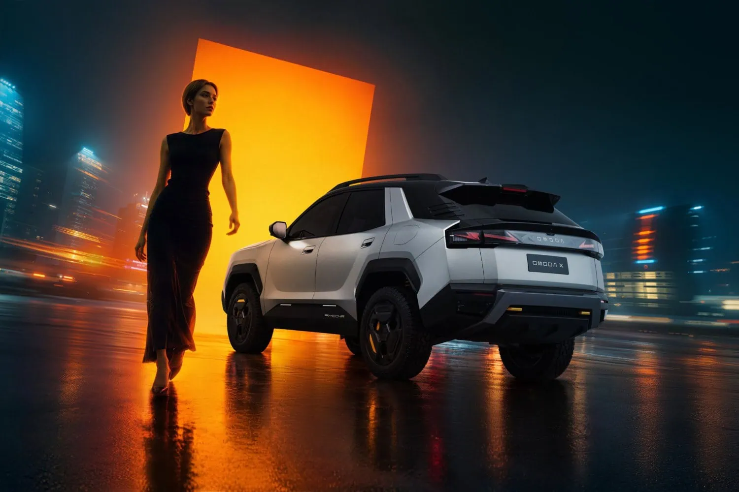 OMODA X concept at night - Saffarazzi OMODA X concept SUV rear three-quarter view at night.
