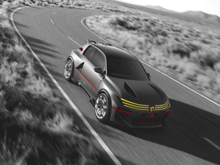 Peugeot E-T16 on curve - Saffarazzi Peugeot E-T16 concept driving on winding road from above.