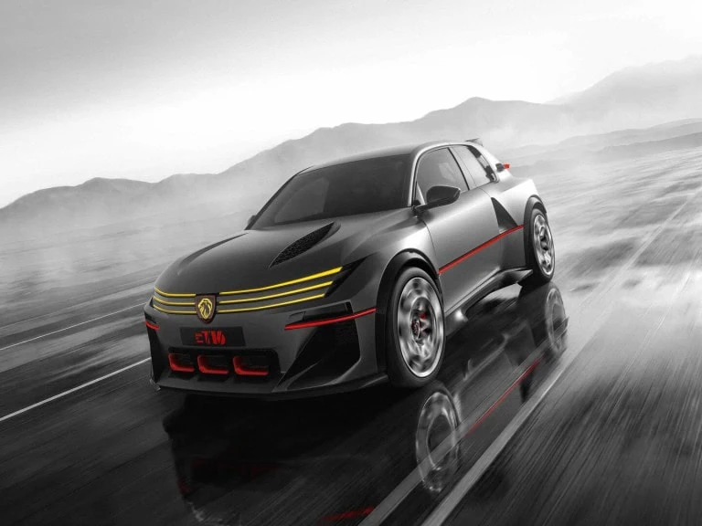 Peugeot E-T16 on wet road - Saffarazzi Peugeot E-T16 concept front three-quarter view on wet road.