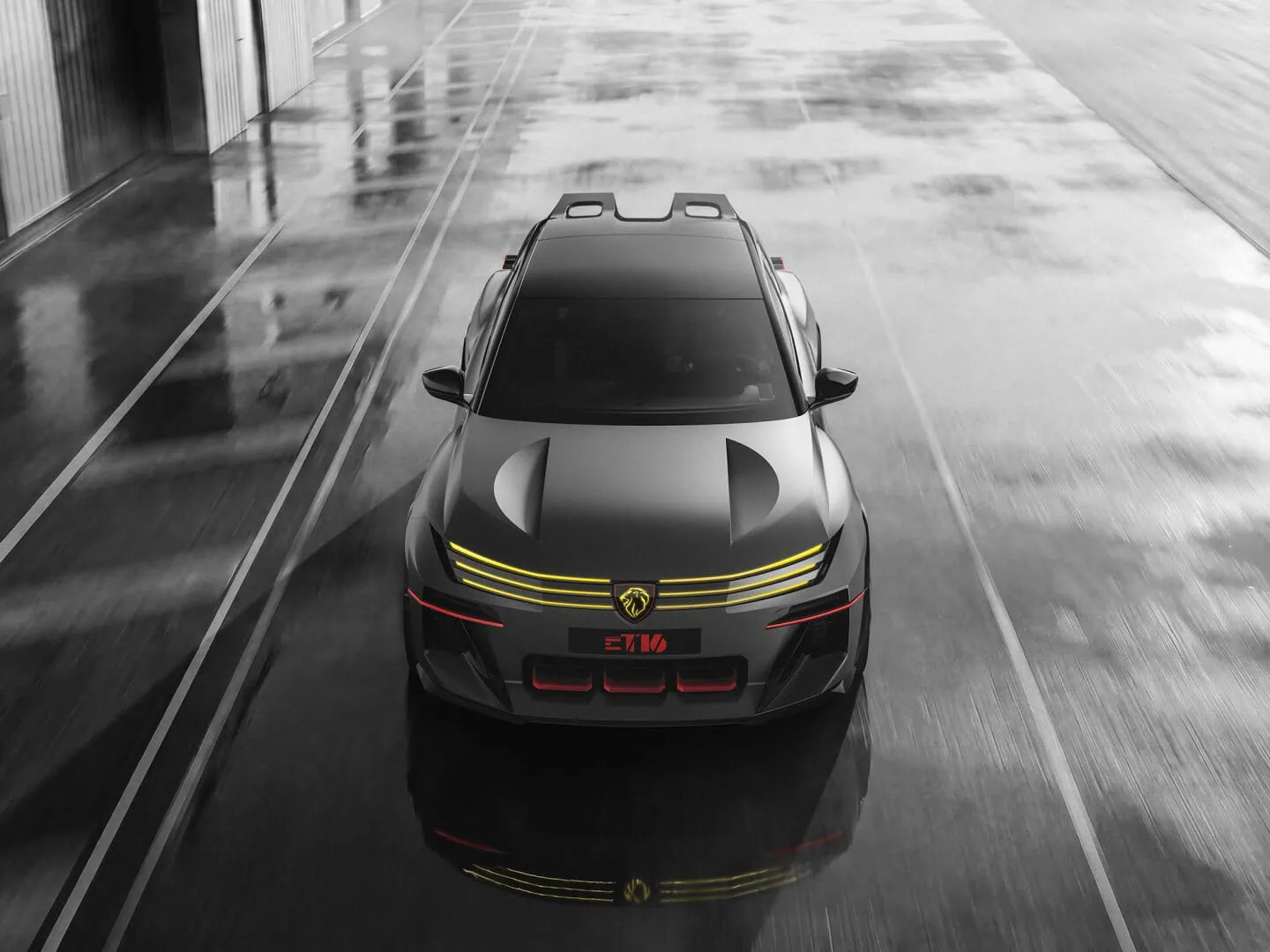 Peugeot E-T16 from above - Saffarazzi Peugeot E-T16 concept high front view on wet tarmac.