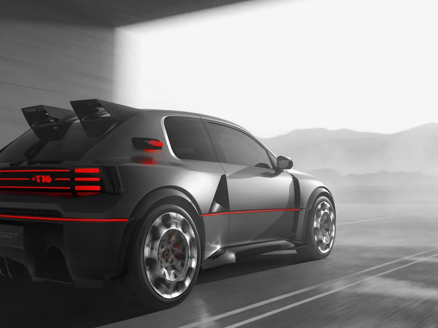 Peugeot E-T16 rear wings - Saffarazzi Peugeot E-T16 concept rear three-quarter view with twin wings.