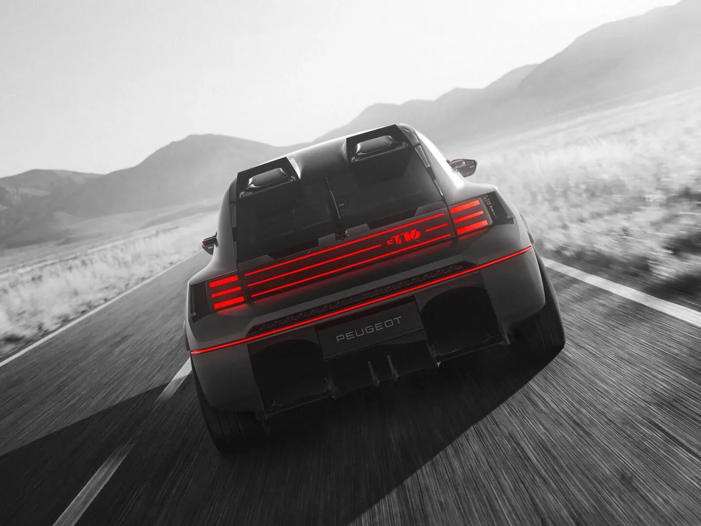 Peugeot E-T16 rear lights - Saffarazzi Peugeot E-T16 concept rear view on desert road.