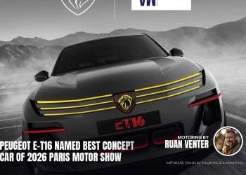 Peugeot E-T16 magazine cover: Named best concept car of 2026 Paris Motor Show, with the writer's by-line.