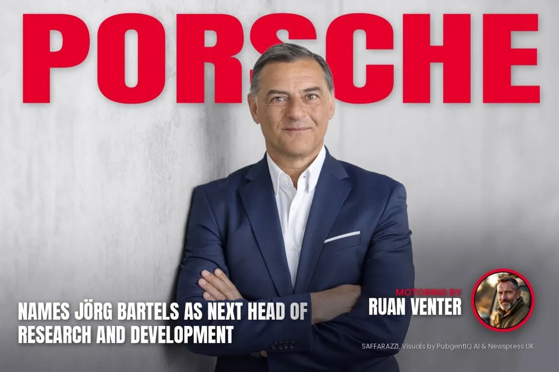 Porsche magazine cover: Names Jörg Bartels as next head of research and development, with the writer's by-line.