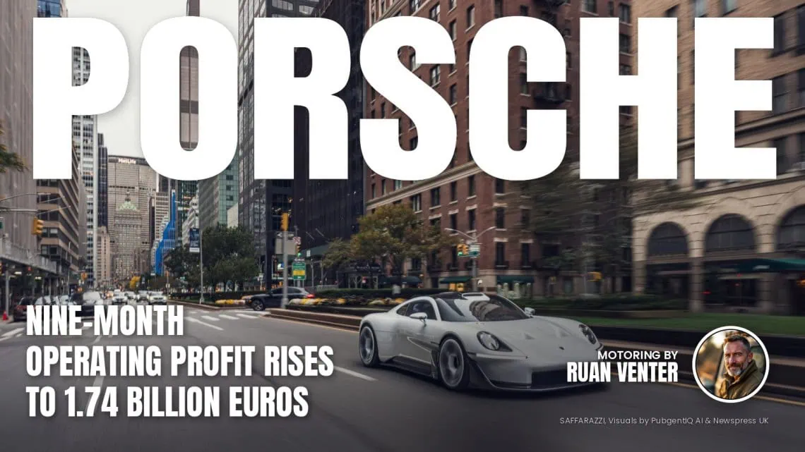 UK Motoring: Porsche nine-month operating profit rises - Saffarazzi Porsche magazine cover: Nine-month operating profit rises to 1.74 billion euros, with the writer's by-line.