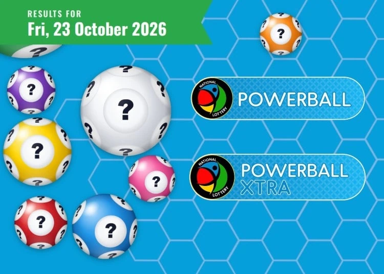 Powerball results card for Friday 23 October 2026, with the Powerball and Powerball XTRA logo and date ribbon.