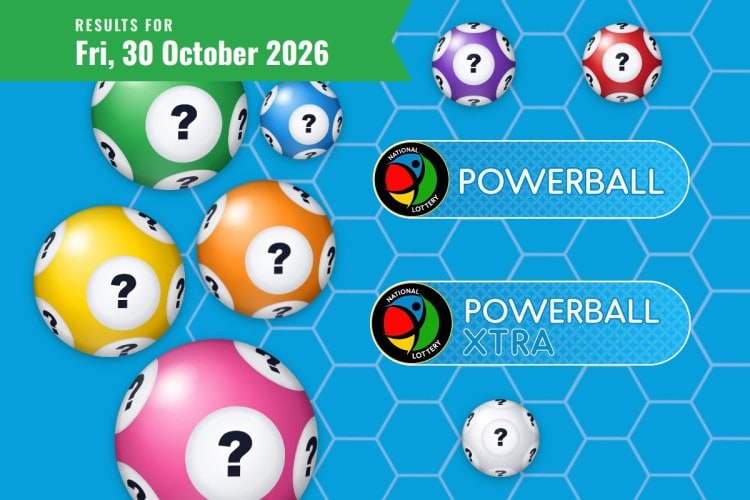 Powerball results card for Friday 30 October 2026, with the Powerball and Powerball XTRA logo and date ribbon.