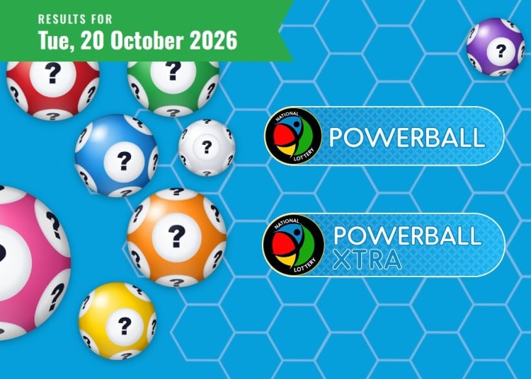 Powerball results card for Tuesday 20 October 2026, with the Powerball and Powerball XTRA logo and date ribbon.