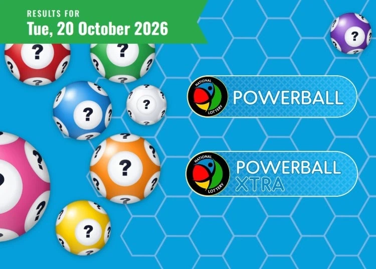 Powerball results card for Tuesday 20 October 2026, with the Powerball and Powerball XTRA logo and date ribbon.