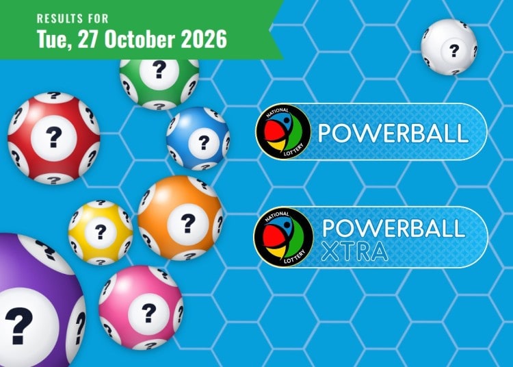 Powerball results card for Tuesday 27 October 2026, with the Powerball and Powerball XTRA logo and date ribbon.