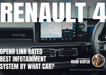 Renault 4 magazine cover: openR link rated best infotainment system by What Car?, with the writer's by-line.