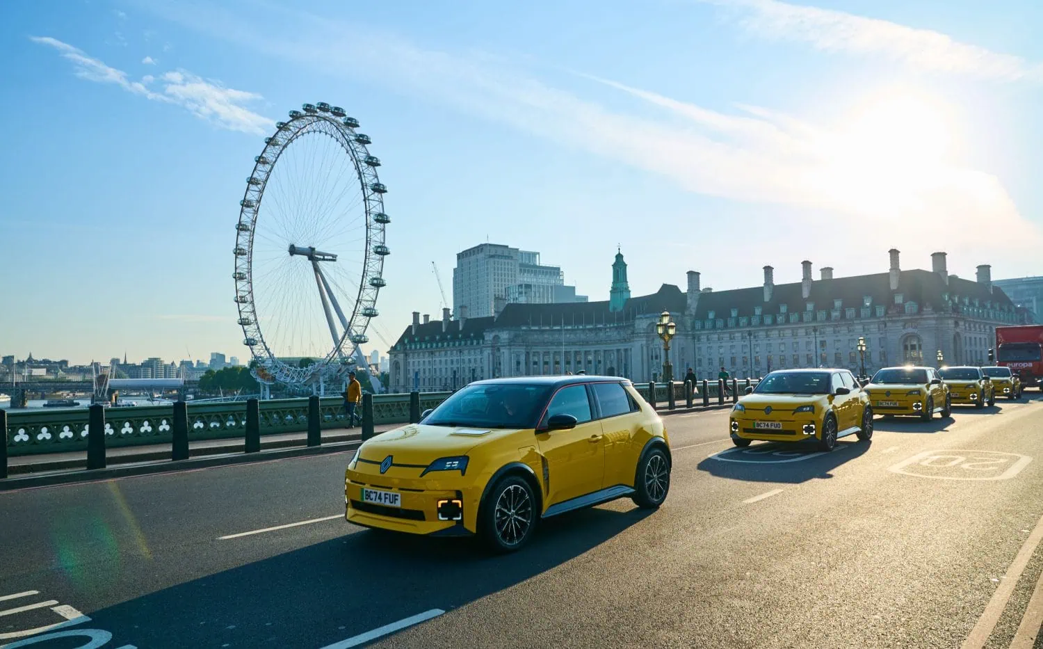 Renault 5 E-Tech electric on Westminster Bridge by London Eye - Saffarazzi Renault 5 E-Tech electric on Westminster Bridge by London Eye
